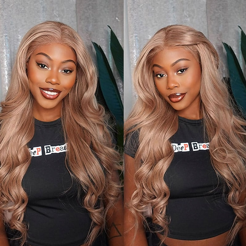 Woman showcasing Ishow Light Flaxen Brown #27 Colored Body Wave PPB? Ready To Wear Human Hair Wig with invisible knots, wearing a blue top and hoop earrings