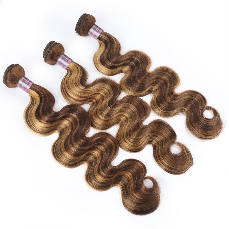 P4/27 Highlighted Body Wave Hair Bundles, 3 Matching Pieces With Soft Waves