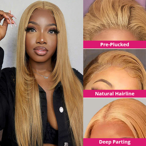 Model Wearing Straight Honey Blonde Wig With Deep Parting and Pre-Plucked Hairline