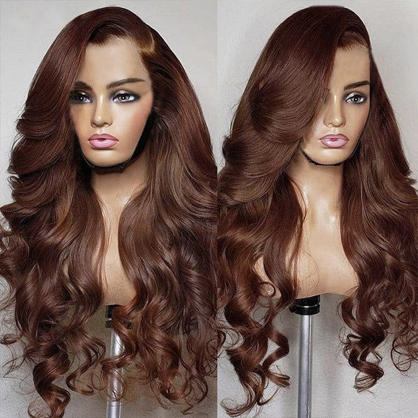 Chocolate Brown Body Wave Wig On Mannequin Mannequin With a Natural Hairline