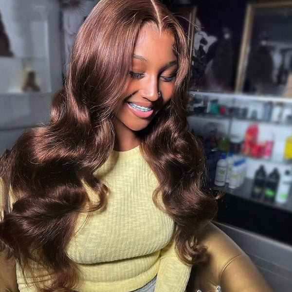 Smiling Woman in Salon With Chocolate Brown Body Wave Wig Styled Naturally
