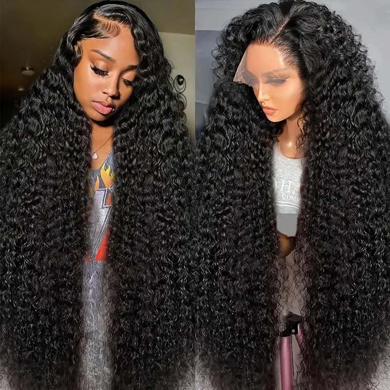 Model Showcasing 40-Inch Deep Wave Wig in Natural Black With Defined Curls