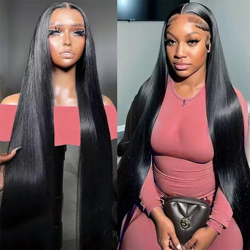 Model and Mannequin Showcasing Ishow Straight Black Lace Front Wig 40 Inches