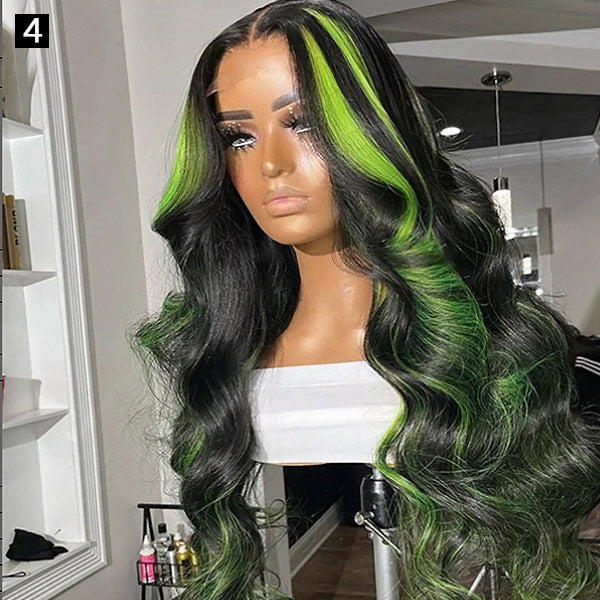 Customized Lace Front Wig With Vibrant Green Highlights and Soft Waves