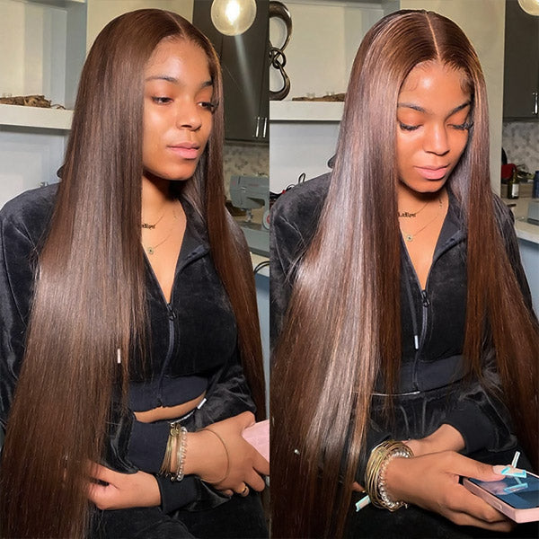 Woman wearing Ishow #4 brown colored human hair straight wig, featuring close-ups of pre-plucked hairline, invisible knots, and parting options.