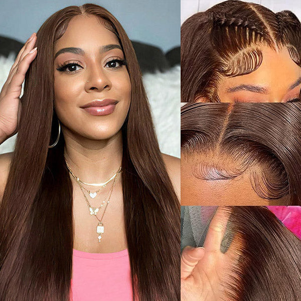 Brown Human Hair Wig On a Woman, Straight Texture, Lace Front Detail