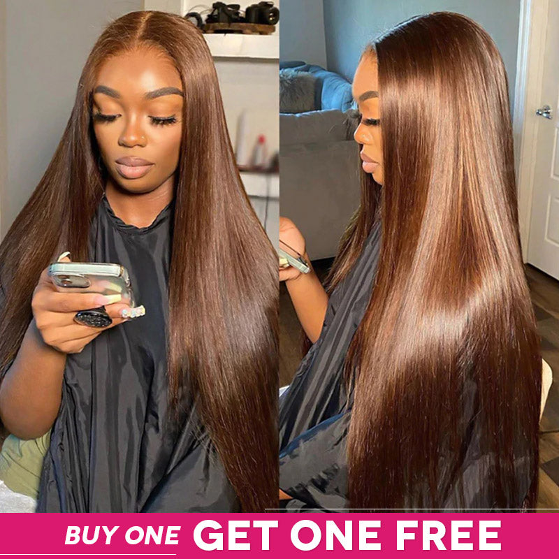 Glueless Brown Human Hair Wig On Model, Buy One Get One Free Promotion