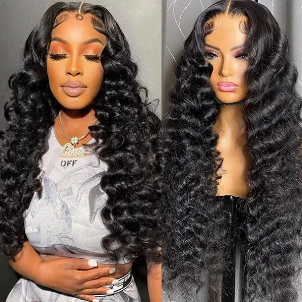 Loose Deep Wave Black Wig On Model, Highlighting Voluminous Curls and Natural Style