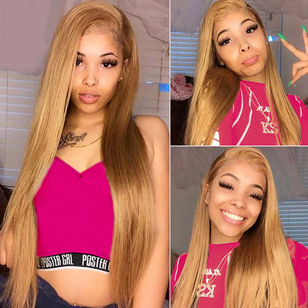 Honey Blonde Lace Front Wig - Woman Wearing Straight Human Hair Wig