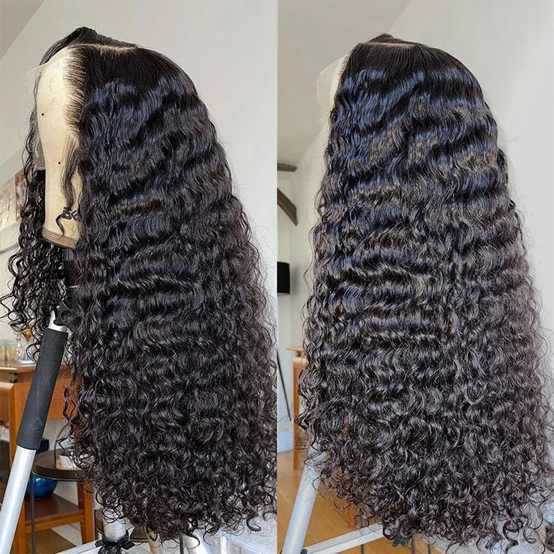 Long Deep Wave Human Hair Wig in Natural Black Color With Pre-Plucked Hairline