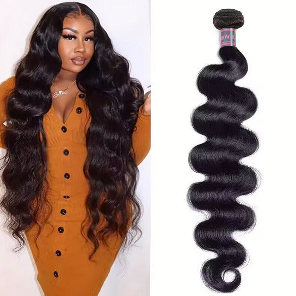 Collage of six diverse models wearing long, wavy Ishow Hair Brazilian Body Wave human hair extensions in natural black. Each model shows different styling options for the hair bundle.