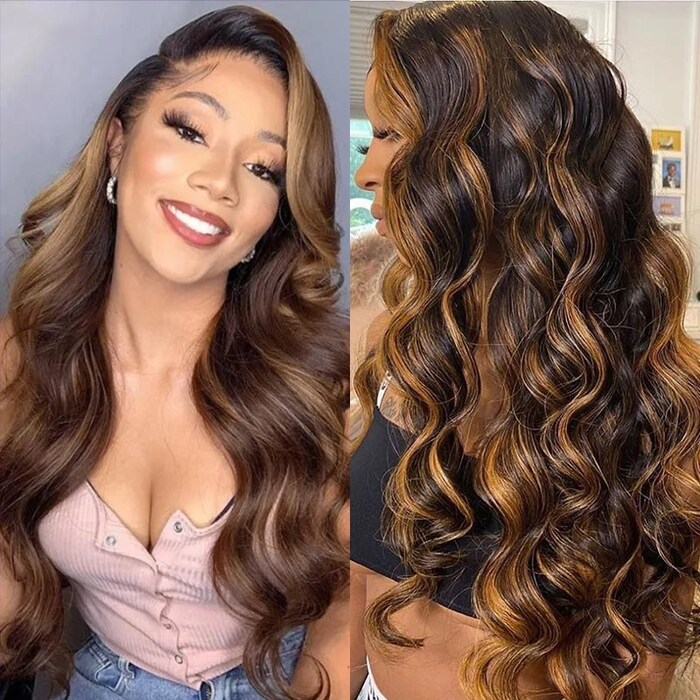 Woman With Balayage Ombre Body Wave Hair, Smiling, Showcasing T1B 4/30 Color