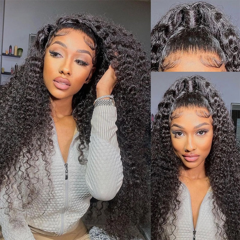 Model Wearing Long Deep Wave Wig, Showcasing Natural Black Color and Pre-Plucked Hairline