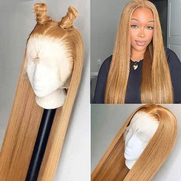 Honey Blonde Straight Wig On Mannequin, Styled With Top Knots, Model Demonstrates Hairstyle