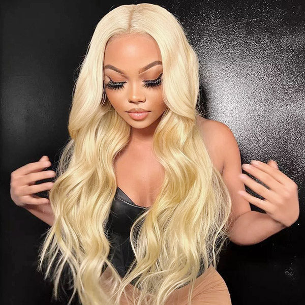 Model Wearing 613 Blonde Body Wave Wig, Showing Long, Flowing Waves and Natural Style