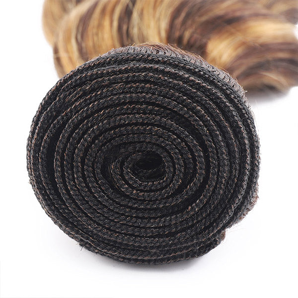 Close-Up of Honey Blonde P4/27 Loose Deep Wave Human Hair Bundle Rolled Up