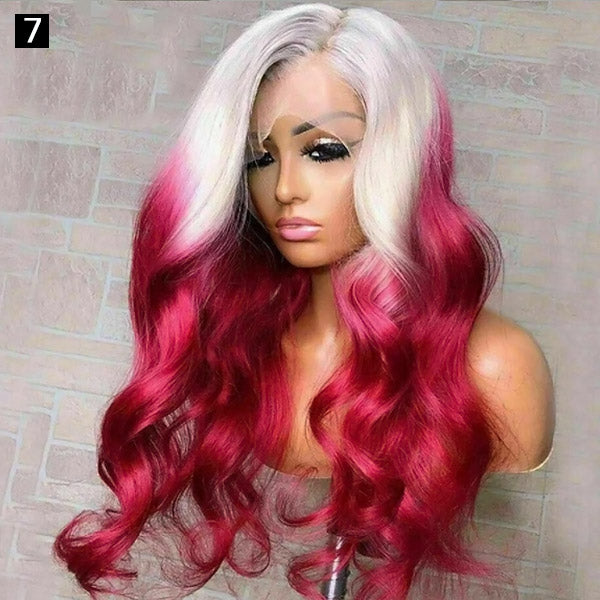 Vibrant Red Ombre Lace Front Wig On a Model With Long, Wavy Hair