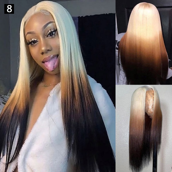 Customized Blonde to Black Ombre Lace Front Wig Worn By a Model