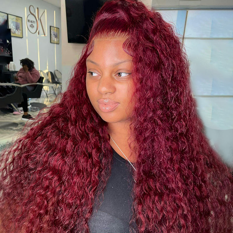 32-Inch 99J Burgundy Deep Wave HD Lace Frontal Wig Displayed On Mannequin and Model