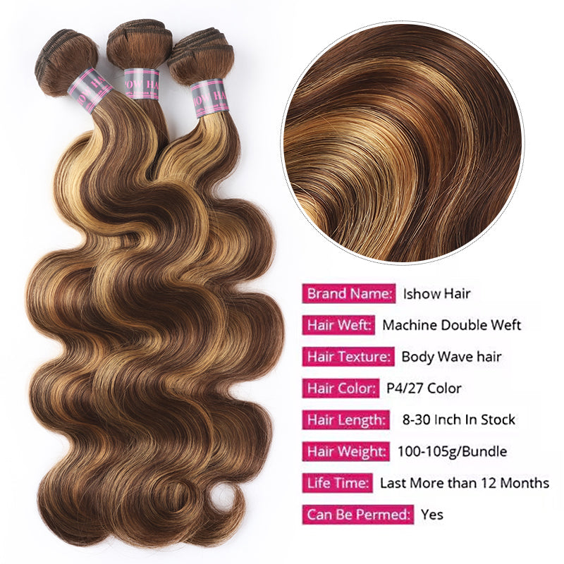Ishow Hair P4/27 Highlighted Body Wave Hair Bundles, 8-30 Inches With Detailed Texture View