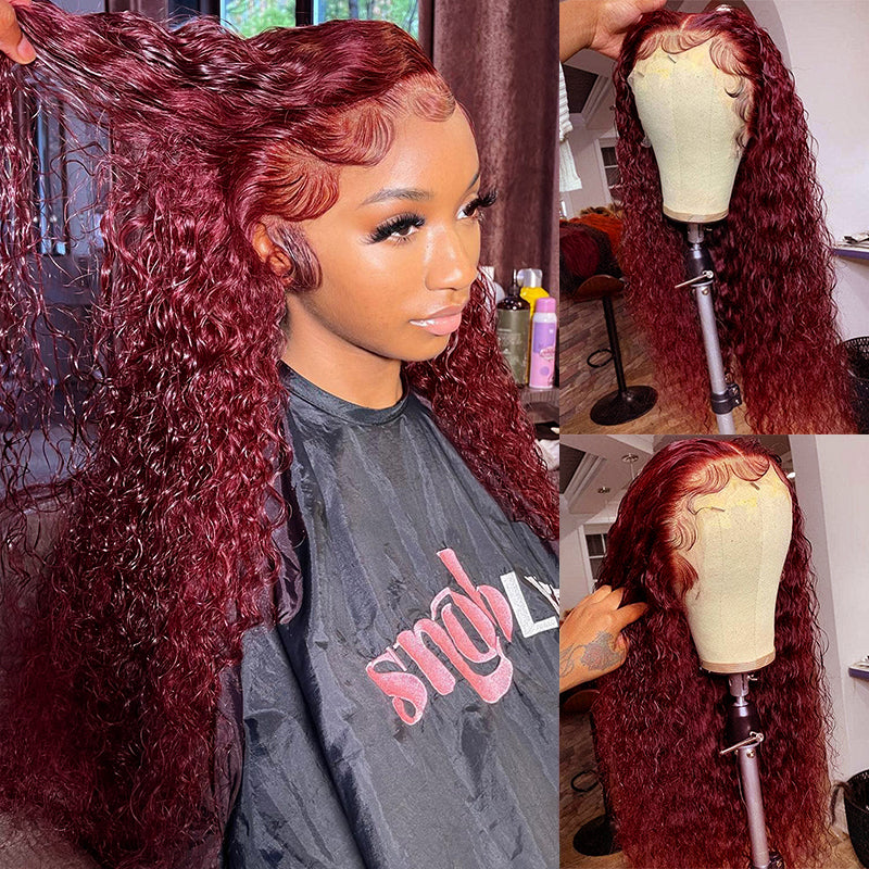 Deep Wave 99J Burgundy Wig On Mannequin With Glossy Curls and Transparent Lace Front 
