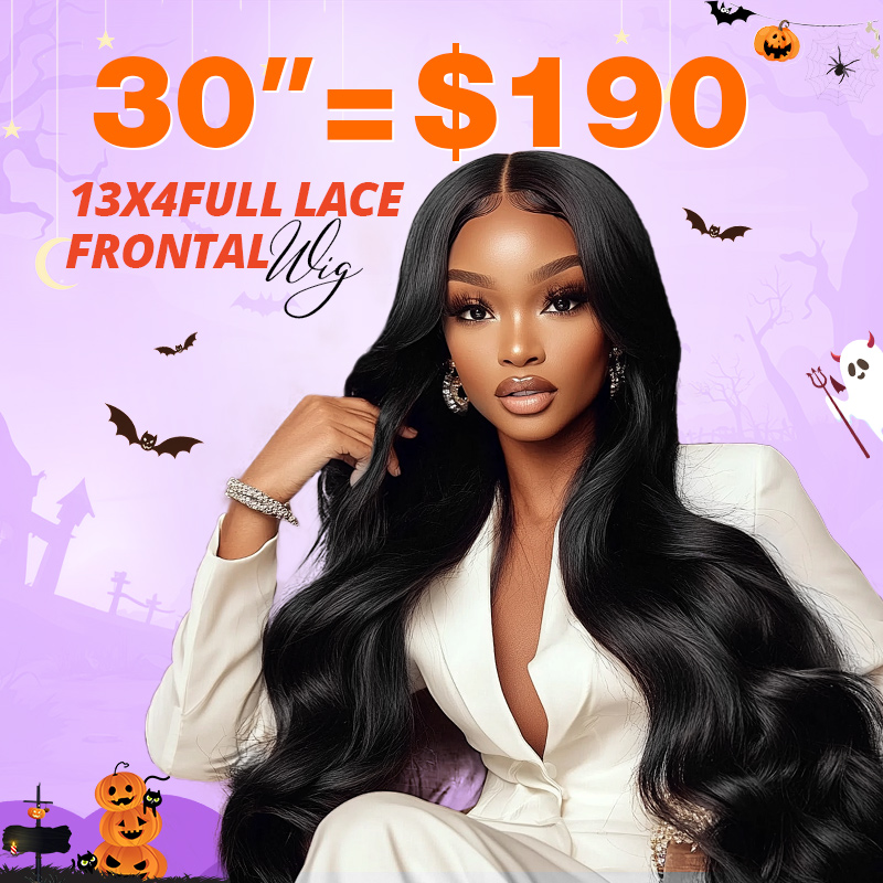 Woman with body wave glueless wig on off-white background with text saying"50% Off Deal On 200 Density"