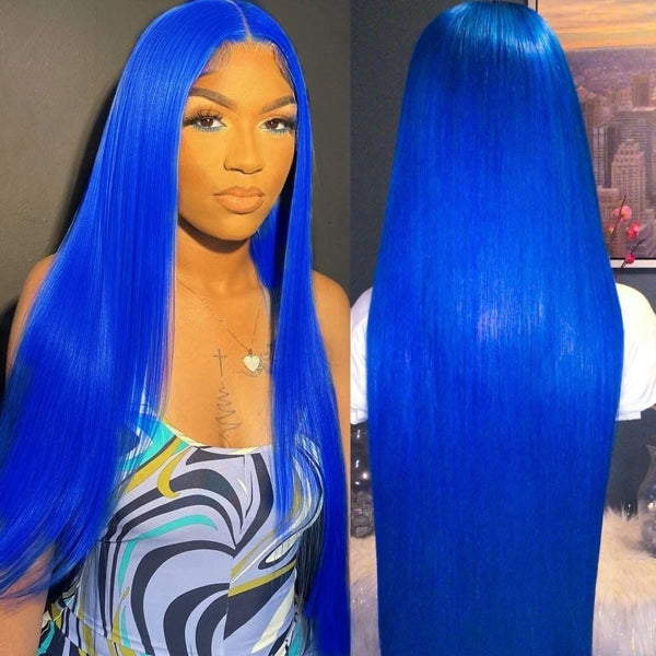 Model Displaying a Vibrant Straight Blue Lace Front Wig With a Natural Hairline
