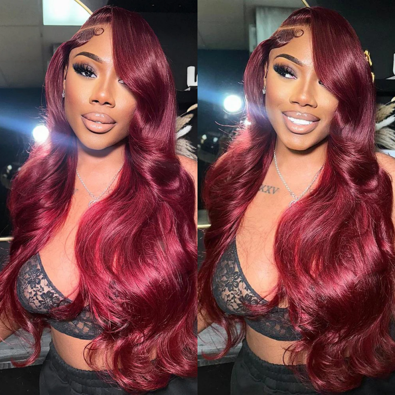 Model Showcasing 99J Burgundy Wavy Hair in a Lace Bralette, Radiant and Stylish