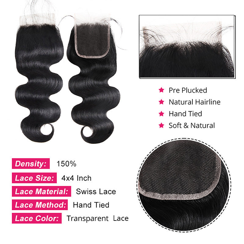 Ishow Hair Virgin Brazilian Body Wave  4*4 Lace Closure
