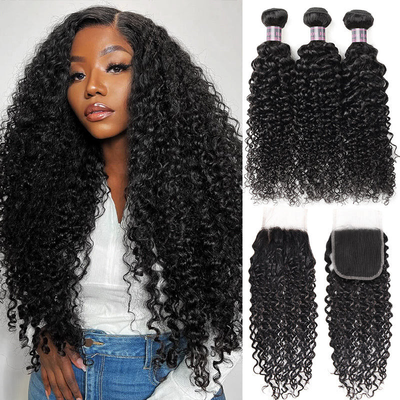 Wavy Jet Black Hair Bundles With a Lace Closure, Showcased By a Smiling Woman