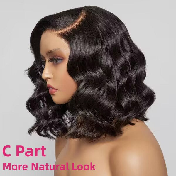 Profile View of Body Wave Short Bob Wig With C Part for a Natural Look