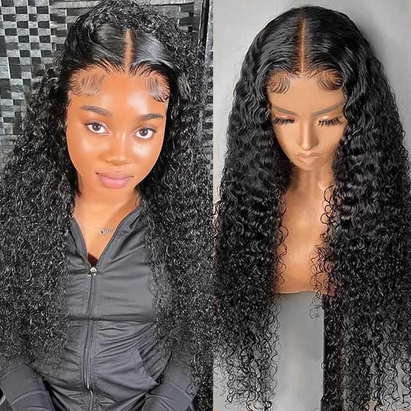Model wearing Ishow Beauty Curly Human Hair 13x4 Lace Frontal Wig with natural black color and curly texture, shown from different angles to highlight the length, pre-plucked hairline, and curls.