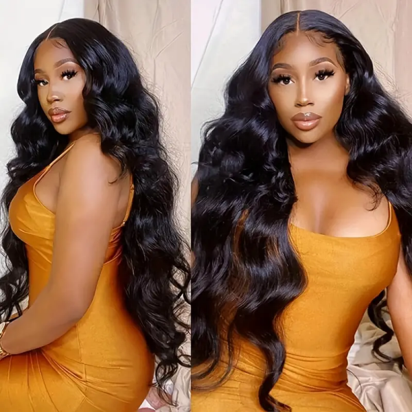 Woman With Long Body Wave Human Hair Wig Wearing an Orange Dress