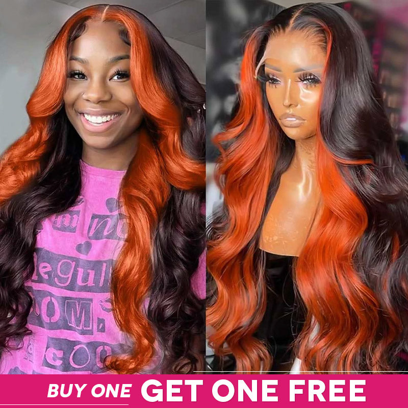 Front and back view of Ishow Beauty's Ginger Black Body Wave Glueless wigs with highlighted ginger and black body wave pattern, showcasing natural look and length.