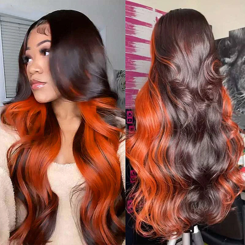 Model Wearing Ginger Black Body Wave Glueless Wig With 13X4 HD Lace Frontal