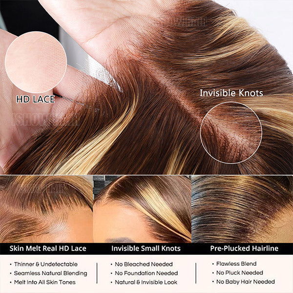 Close-Up of Ishow Wig Highlighting HD Lace, Invisible Knots, and Pre-Plucked Hairline