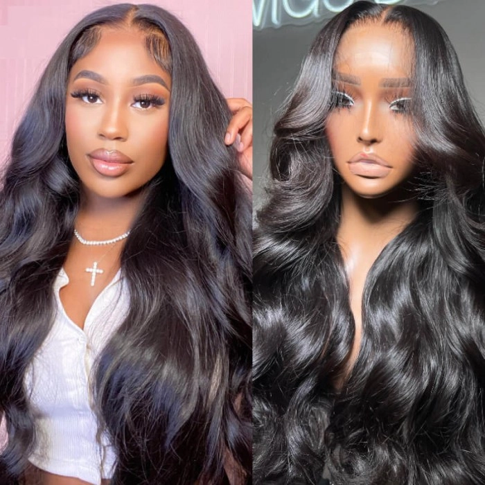 Woman wearing 13x4 lace frontal wig with Brazilian body wave human hair and mannequin displaying the same natural black color wig.