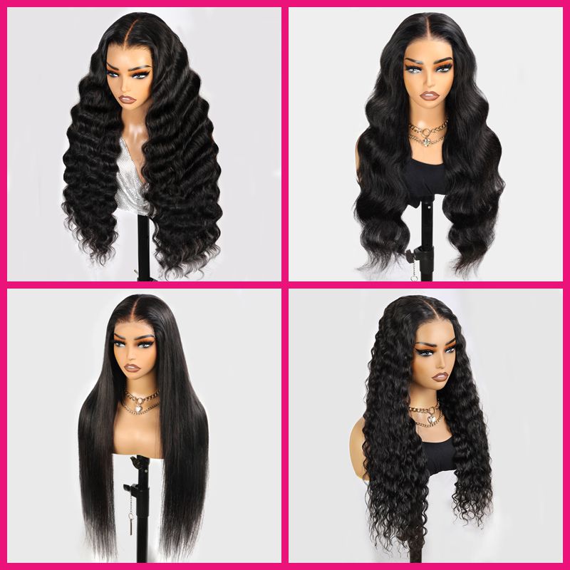 Models Displaying 28-Inch Human Hair Wigs in Body Wave, Deep Wave, and Straight Styles