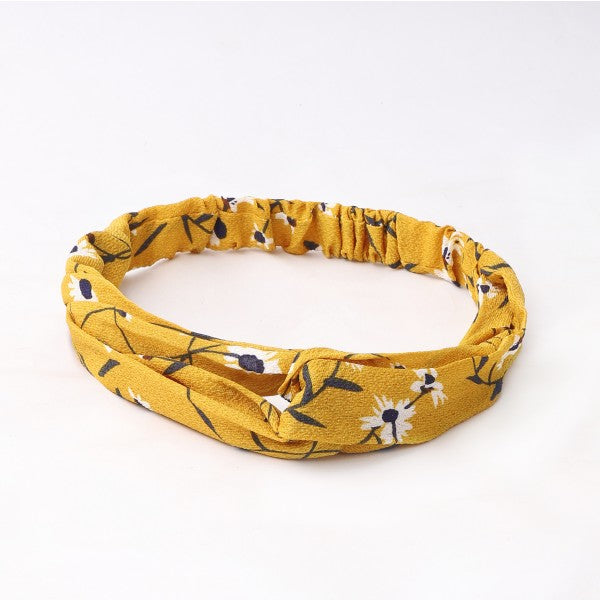 Yellow headband with wide knotted design featuring white and green stripes