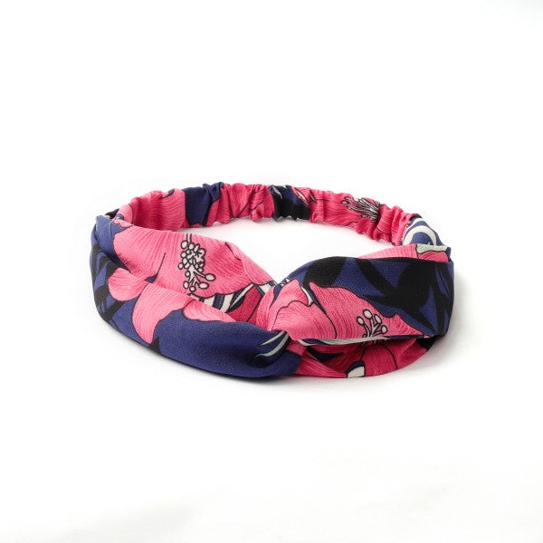 Wide Knotted Headband in Pink With Bold Floral Designs and Dark Blue Accents
