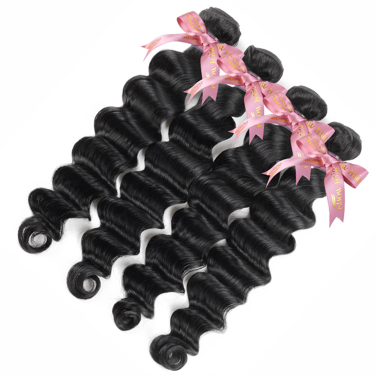 4 Loose Deep Wave Bundles of 12a Grade Brazilian Human Hair With Pink Ribbons