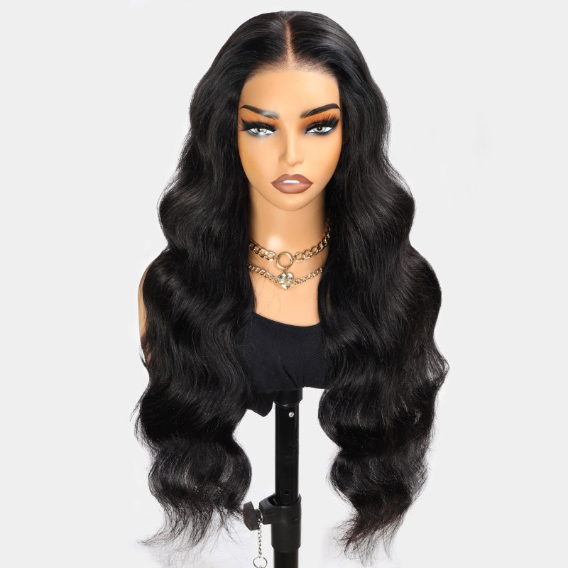 Long Wavy Black Hair Wig Displayed On a Mannequin Against a Neutral Backdrop