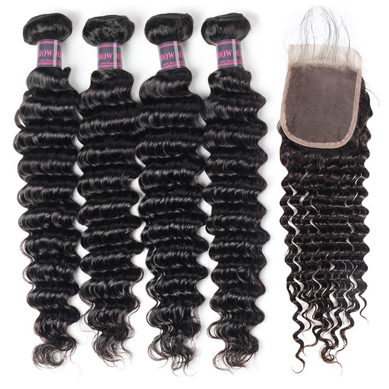 Virgin Indian Hair Deep Wave 4 Bundles With 4*4 Lace Closure