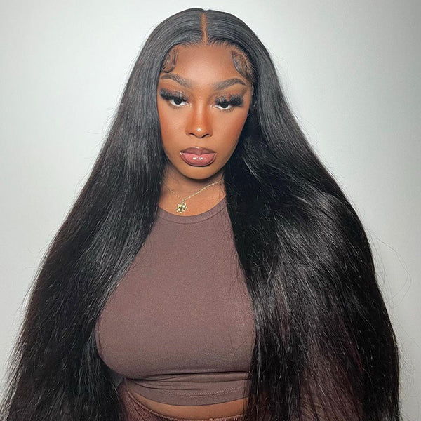 Model Displaying Long Straight Black Hair Wig With Natural Makeup and Brown Top