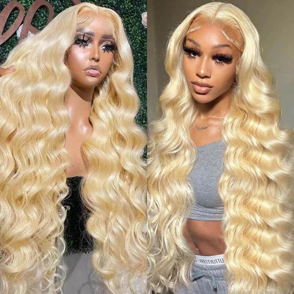 Woman with a 613 Blonde Body Wave human hair wig, styled with a natural hairline and 4x4 lace closure, holding a smartphone and wearing a black top.