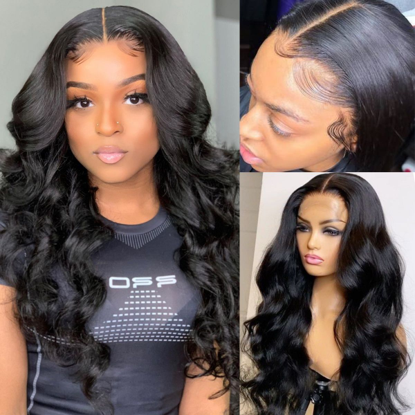 Natural Black Body Wave Lace Frontal Wig Showcased On Model and Mannequin