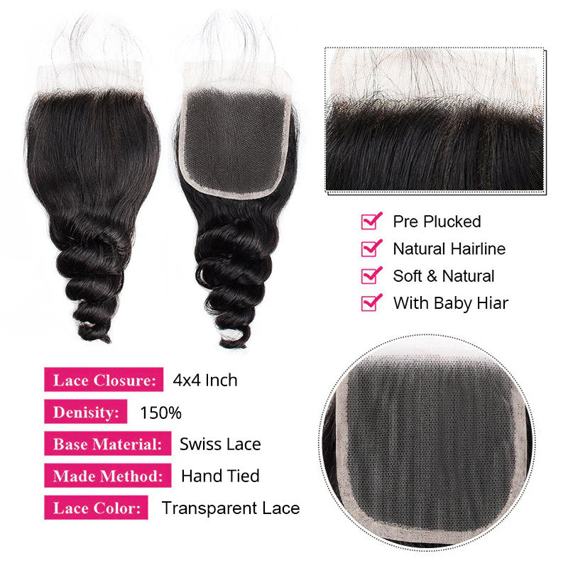 HD Lace Closure With Loose Wave Texture and Natural Hairline, 4X4 Inch Size