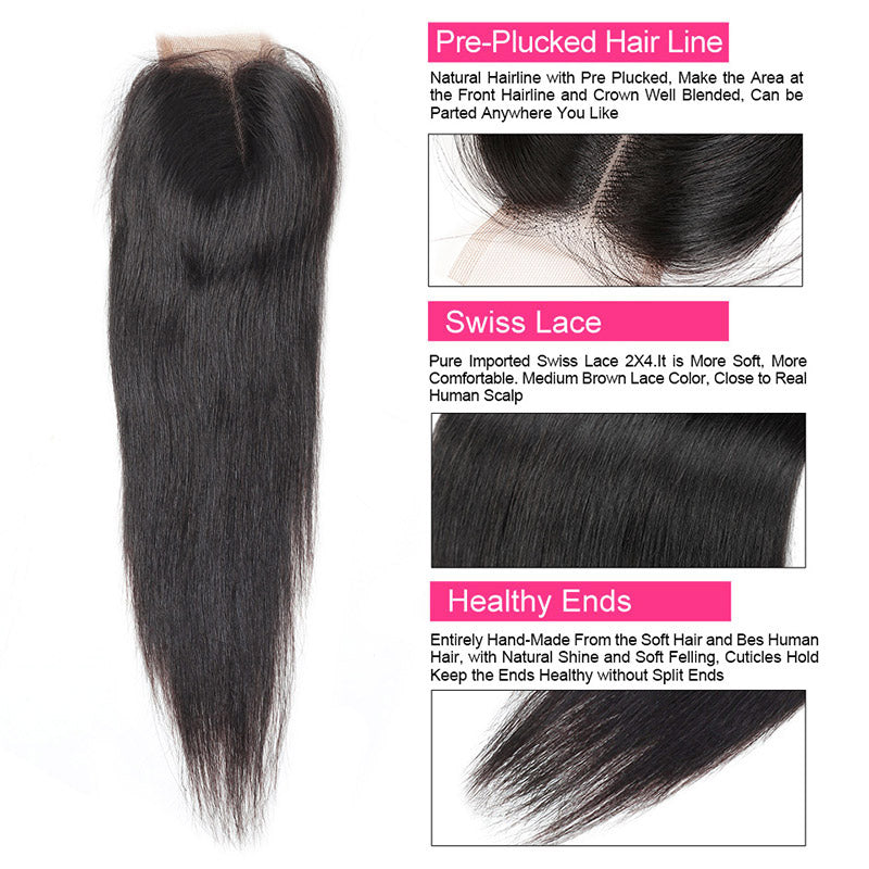 Straight Hair Weave Ishow Remy Virgin Human Hair 3 Bundles with 2*4 Lace Closure - IshowVirginHair