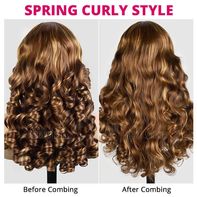 Comparison of P4/30 Highlight Colour Long Spring Curly Lace Front Wig Before and After Combing