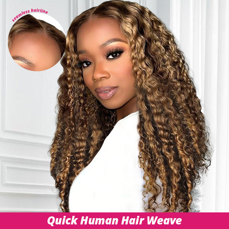 Woman Wearing Highlight Color Burmese Curly Human Hair Weave Which Can Make Seamless Hairline